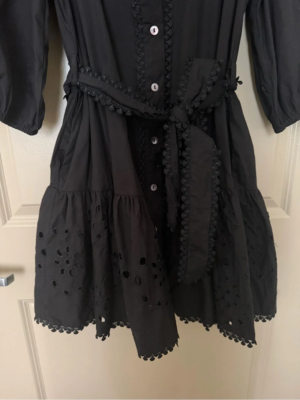 Avec Les Filles Black Eyelet Mini Dress with Belt - Picture 3 of 6
